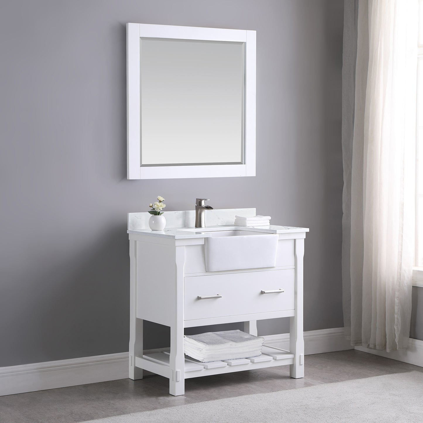 Georgia 36" Single Bathroom Vanity Set with Aosta White Composite Stone Top with White Farmhouse Basin- Altair Designs