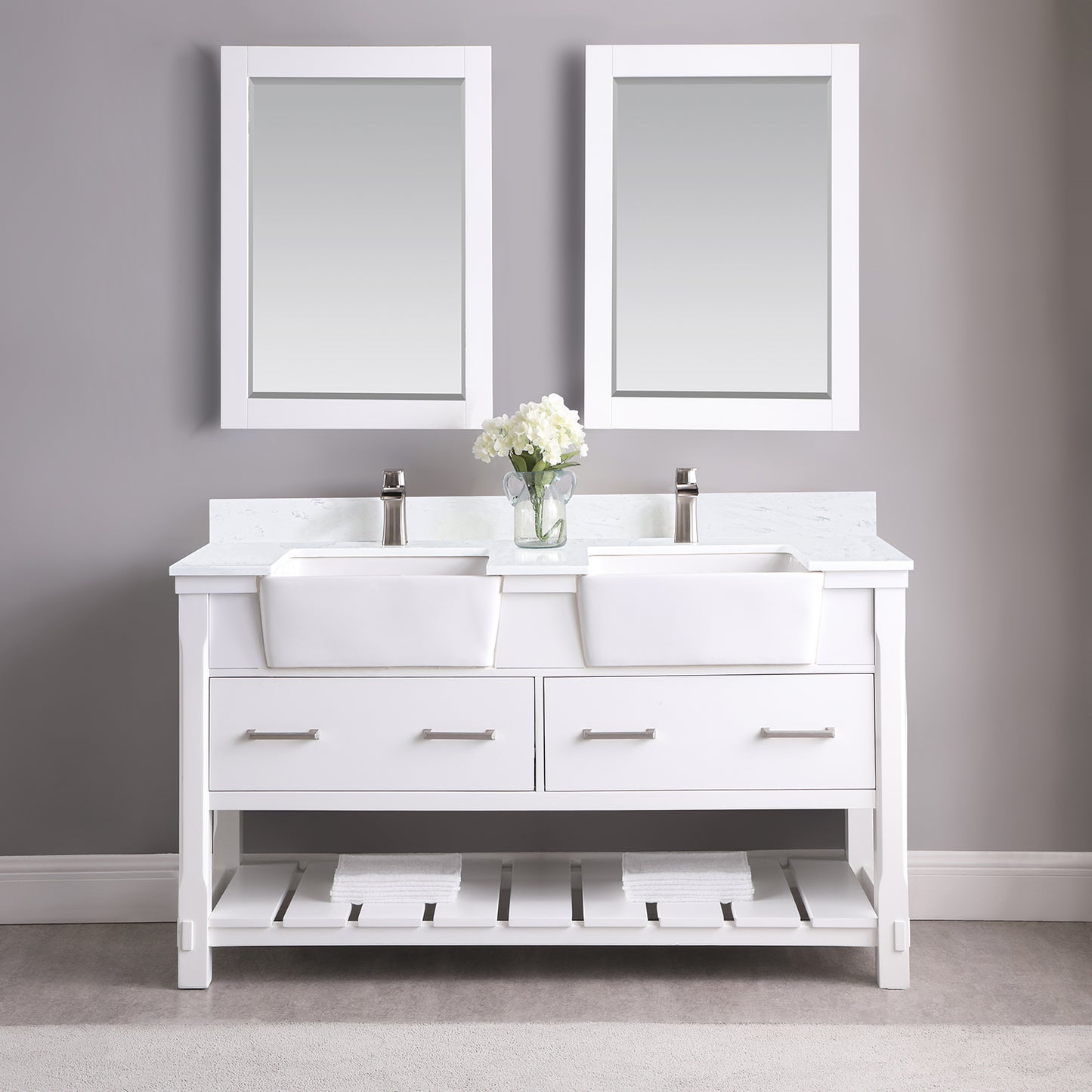 Georgia 60" Double Bathroom Vanity Set with Aosta White Composite Stone Top with White Farmhouse Basin- Altair Designs