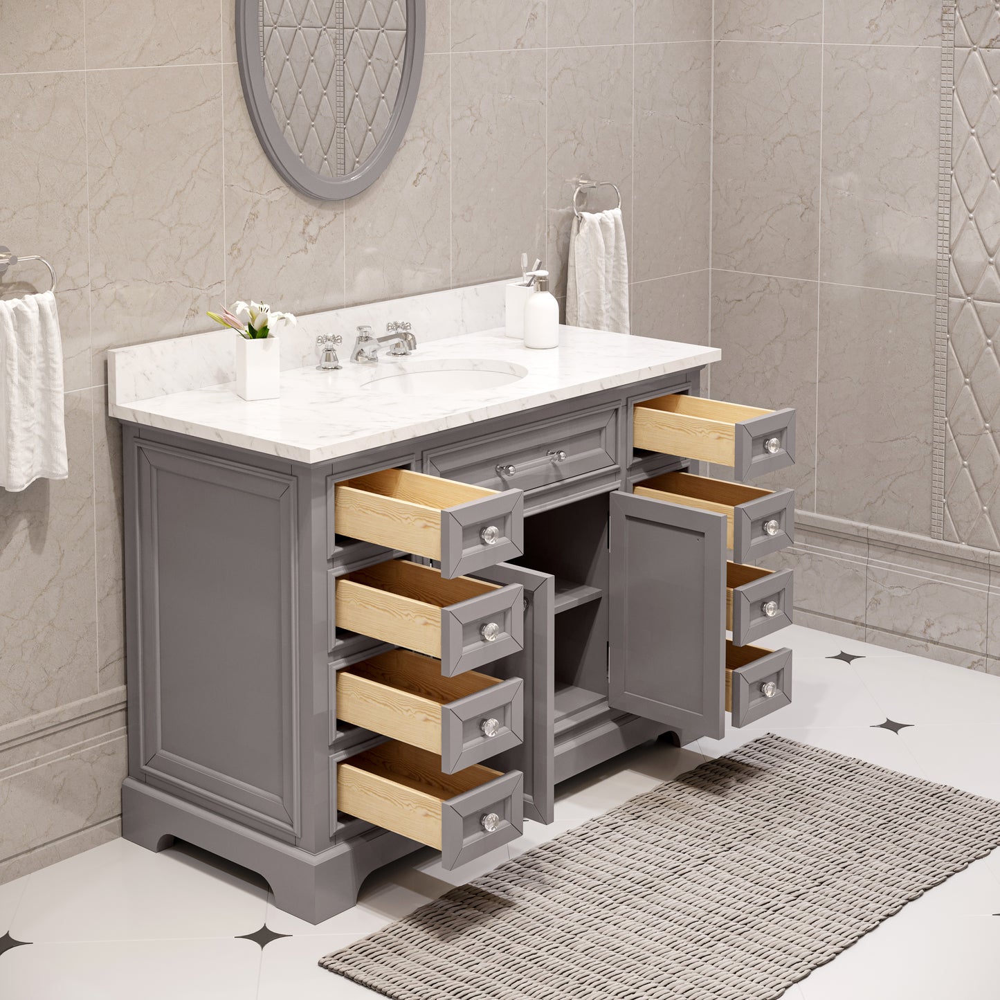 Derby 48 Inch Cashmere Grey Single Sink Bathroom Vanity With Matching Framed Mirror And Faucet From - Water Creation