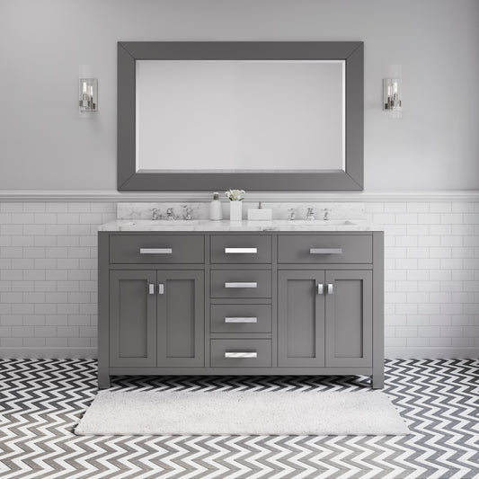 Madison 60 Inch Cashmere Grey Double Sink Bathroom Vanity With Matching Framed Mirror And Faucet - Water Creation