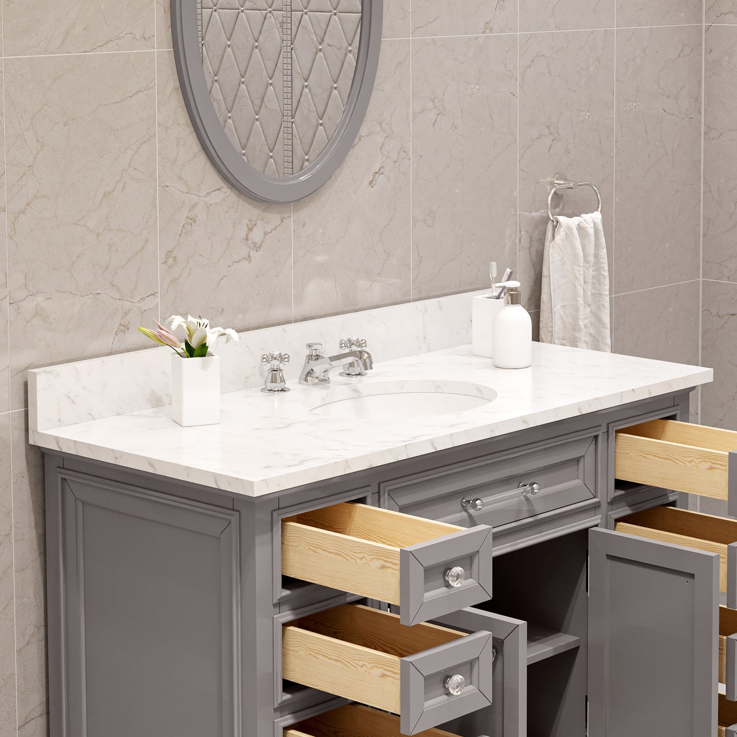 Derby 48 Inch Cashmere Grey Single Sink Bathroom Vanity With Matching Framed Mirror- Water Creation