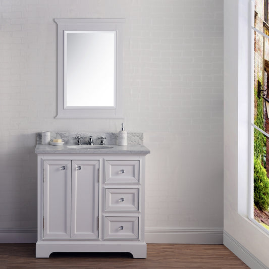 Derby 36 Inch Wide Pure White Single Sink Carrara Marble Bathroom Vanity With Matching Mirror And Faucet(s)- Water Creation
