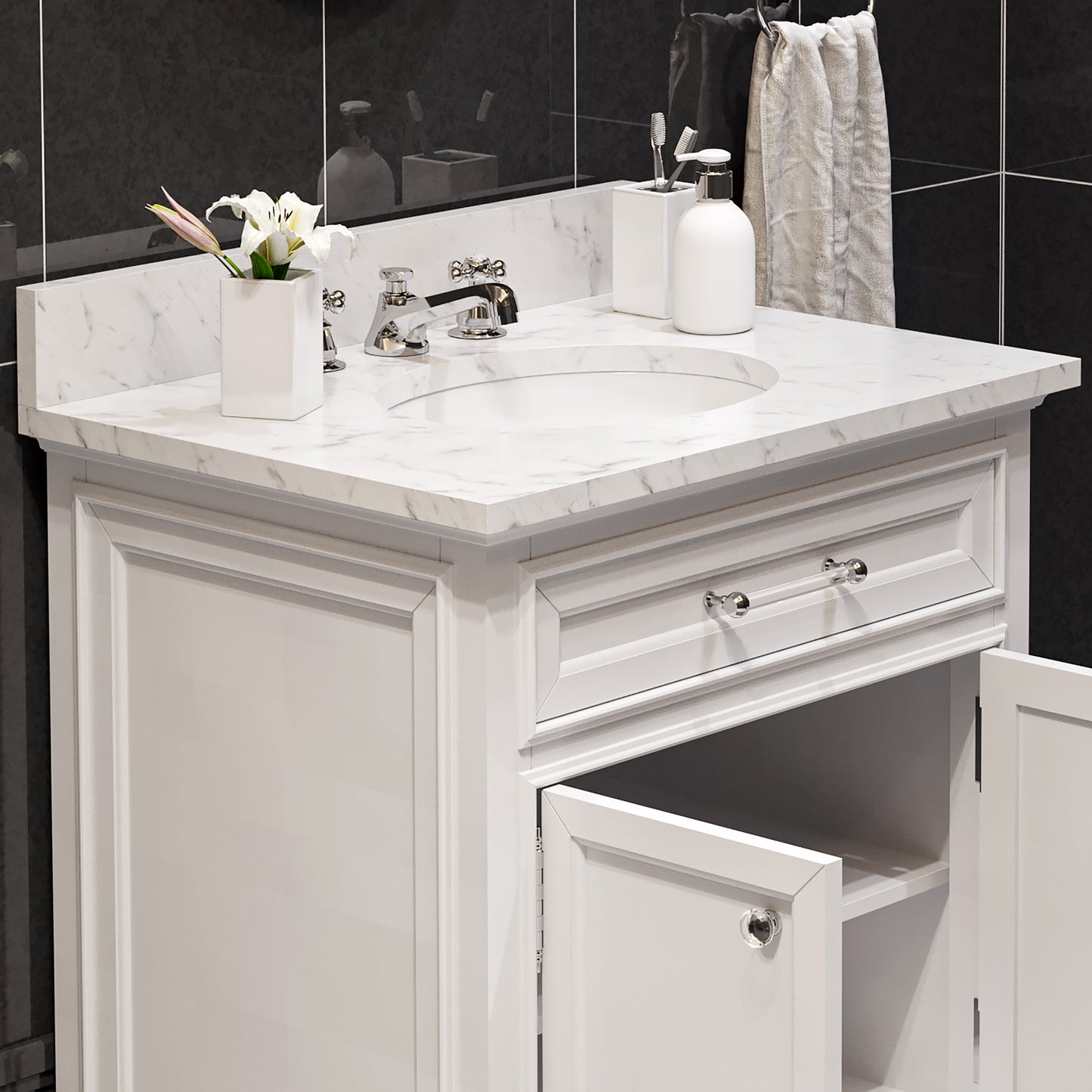 Derby 30 Inch Pure White Single Sink Bathroom Vanity With Matching Framed Mirror And Faucet - Water Creation