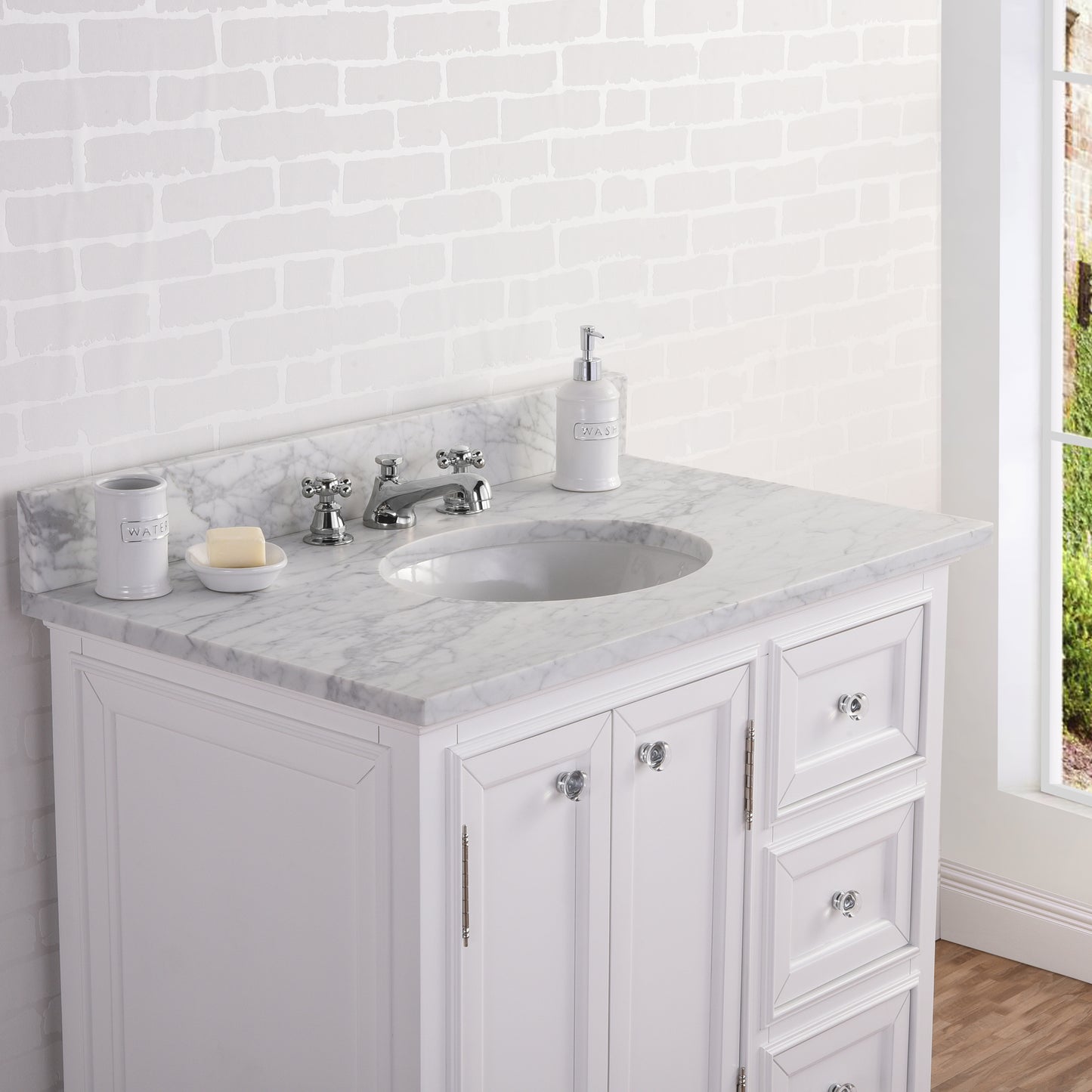 Derby 36 Inch Wide Pure White Single Sink Carrara Marble Bathroom Vanity With Matching Mirror And Faucet(s)- Water Creation